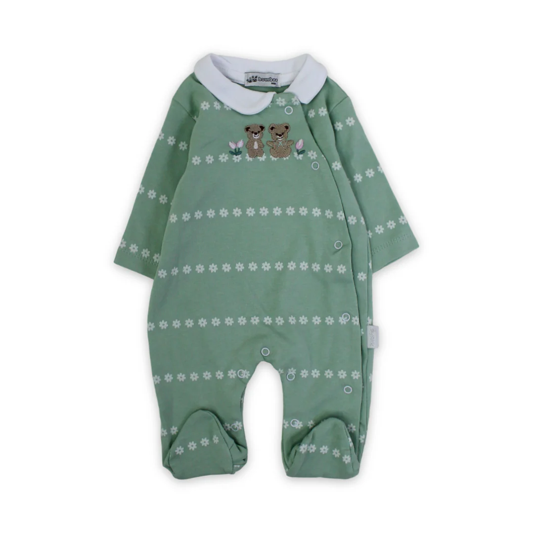Baby Girls Cotton Baby Footie – Teddy Bear Embroidery
