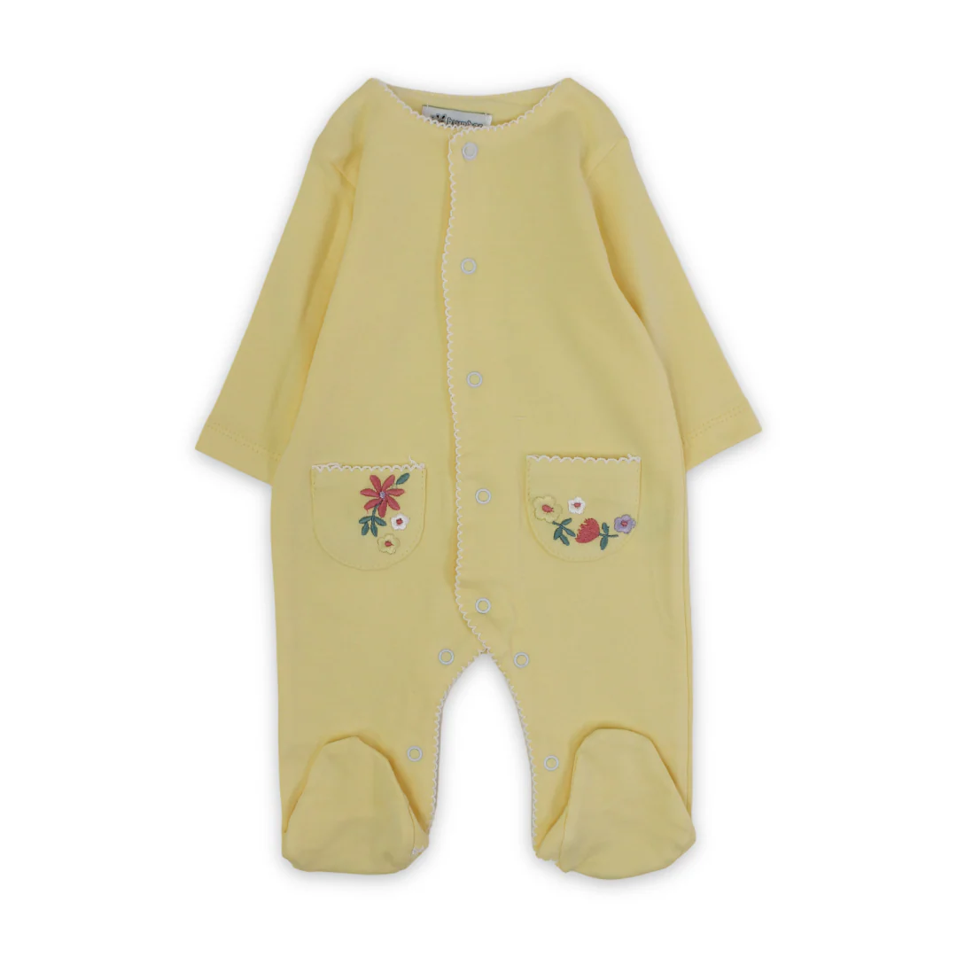 Baby Girls Cotton Baby Footie – with Flowers Embroidery