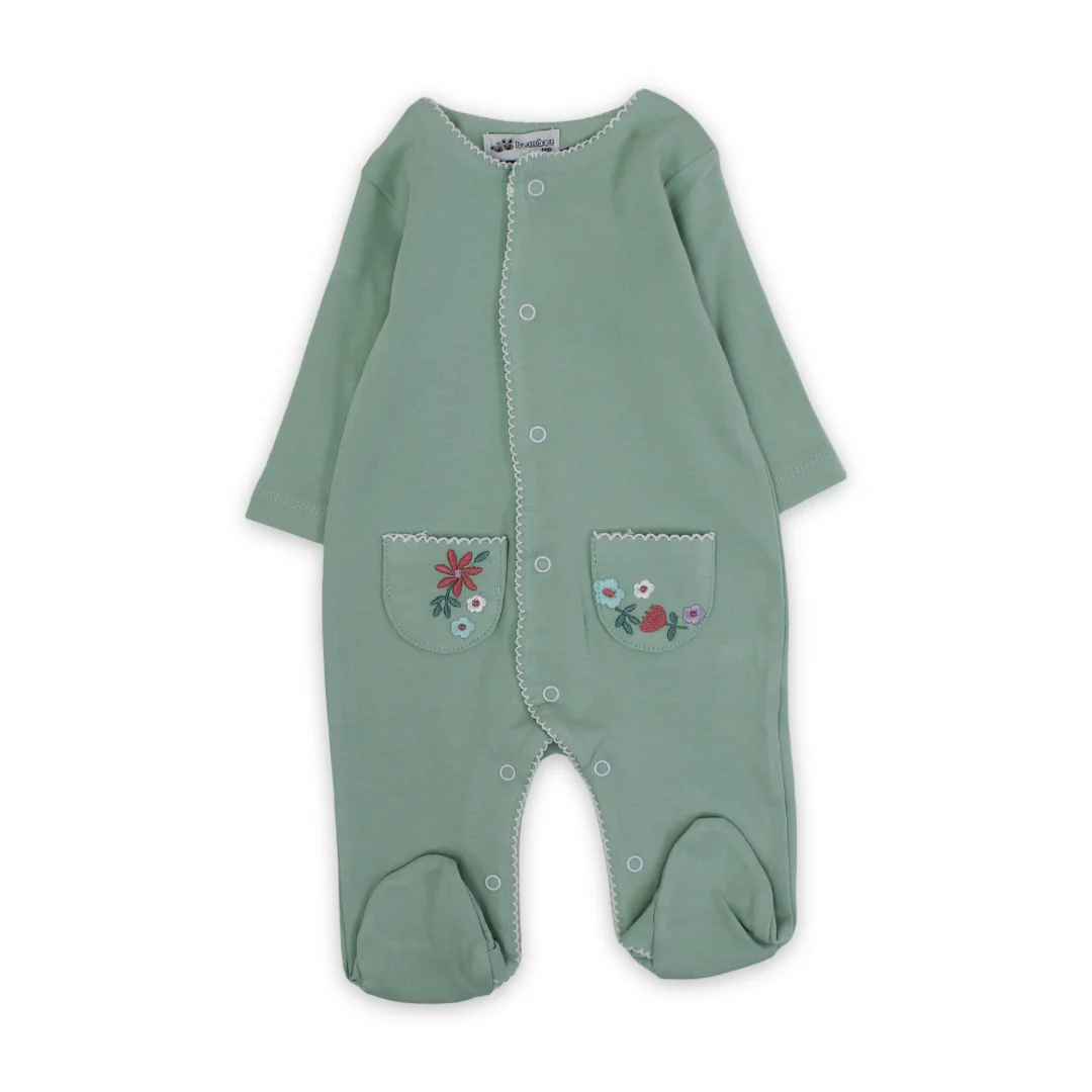Baby Girls Cotton Baby Footie – with Flowers Embroidery - Image 4
