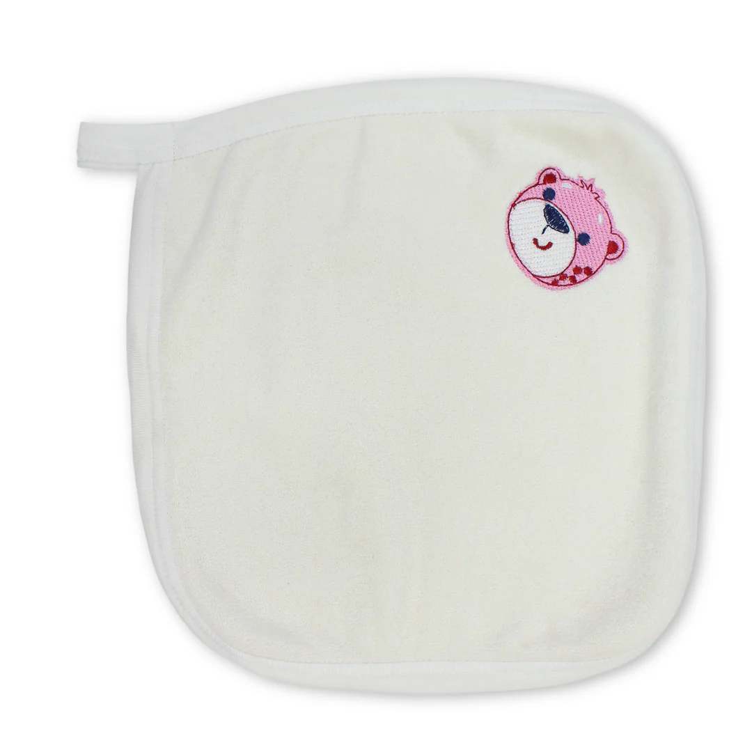 Cotton Baby Towel – Off-White with Teddy Bear Head Embroidery