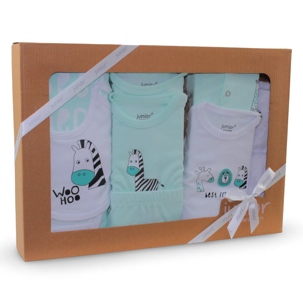 Baby Boys Cotton Gift Box – Mint with “WIld Animals” Design 10 Pcs (0-3m)