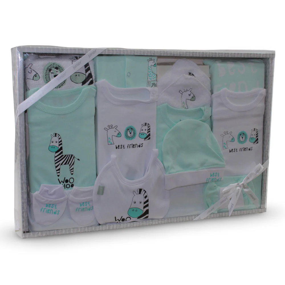 Baby Boys Cotton Gift Box – Mint with “Wild Animals” Design (20 Pcs)