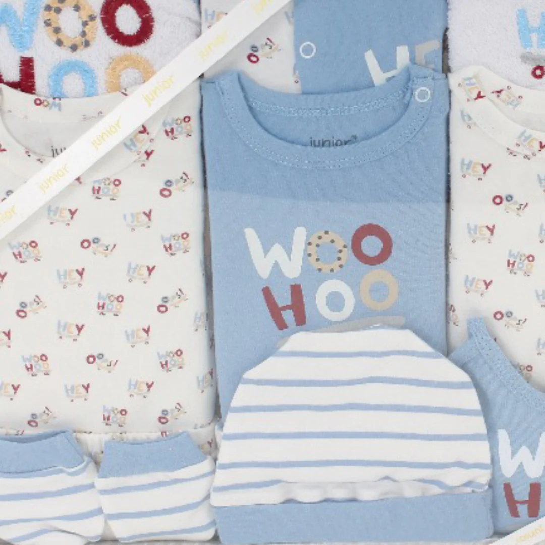 Baby Boys Gift Clothes Box 20Pcs – Off-White & Baby Blue with "Woo Hoo" Embroidery - Image 3