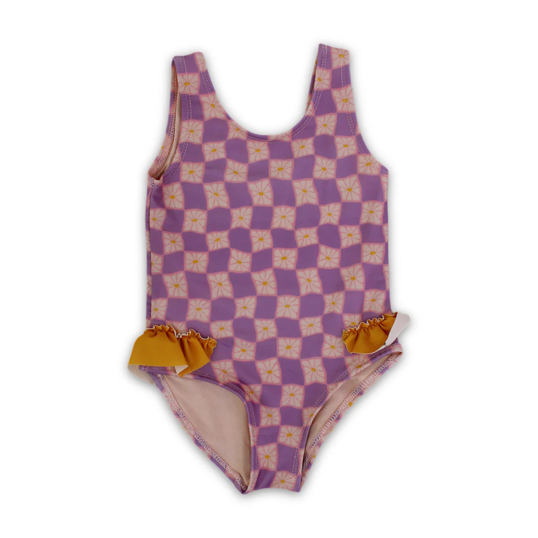 Baby Girls One-Piece Swimsuit – Dusty Pink & Purple Karuh Print