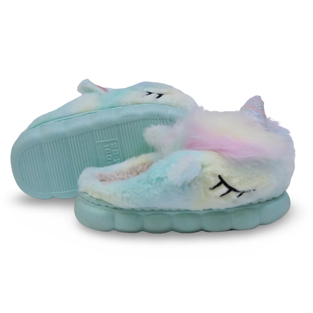 Girls Fur Slippers – Aqua with Unicorn Design - Image 3