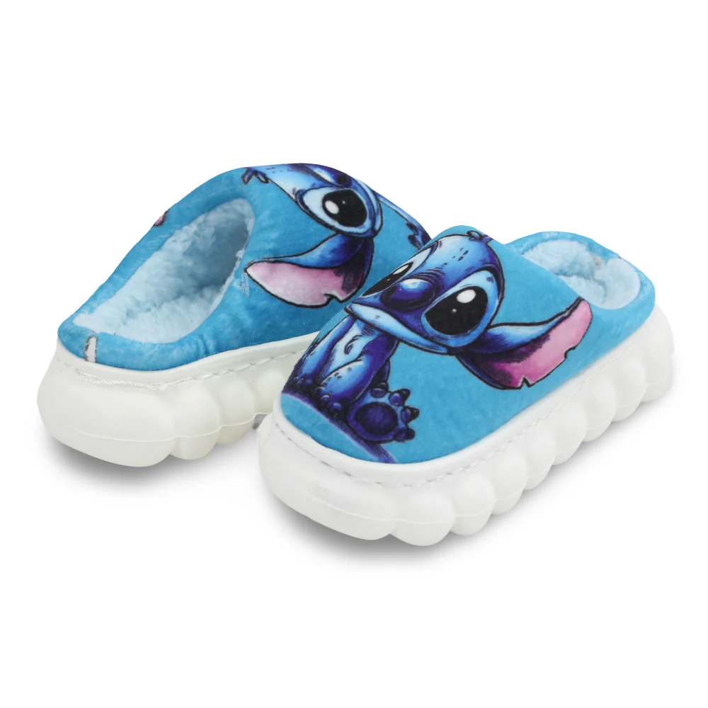 Girls Fur Slippers – Blue with Stitch Design - Image 2