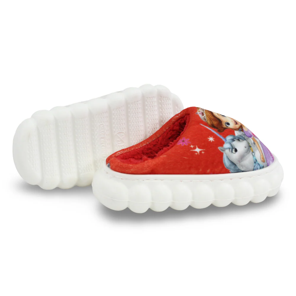 Girls Fur Slippers – Red with Sofia Design - Image 3