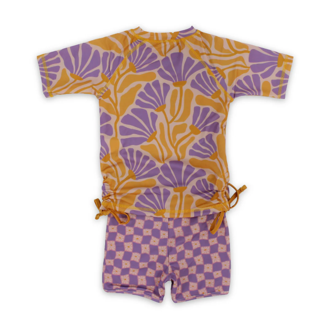 Girls 2-Piece Swimsuit – Orange & Purple with Floral Print - Image 2