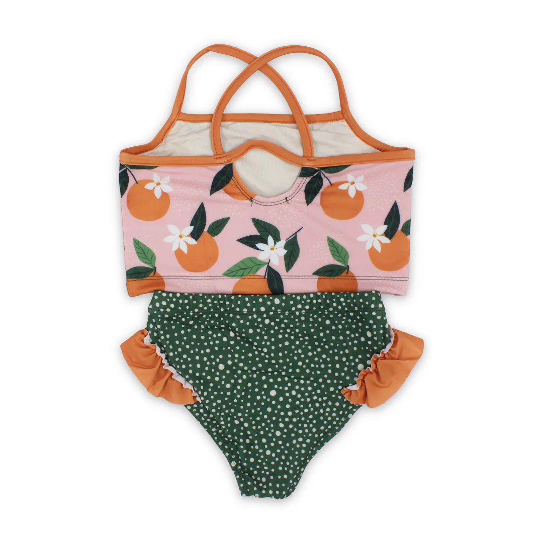 Girls 2-Piece Swimsuit – Dusty Pink & Olive – Orange Print - Image 2