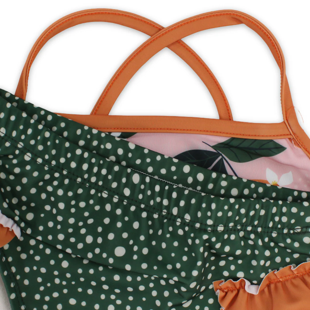 Girls 2-Piece Swimsuit – Dusty Pink & Olive – Orange Print - Image 3
