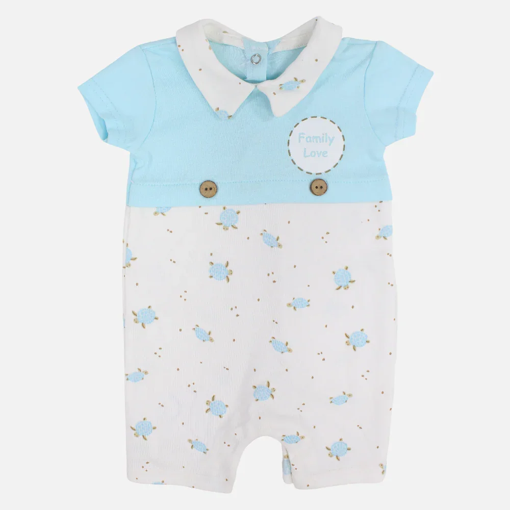 Baby Boys Cotton Romper – Aqua with Family Love Print