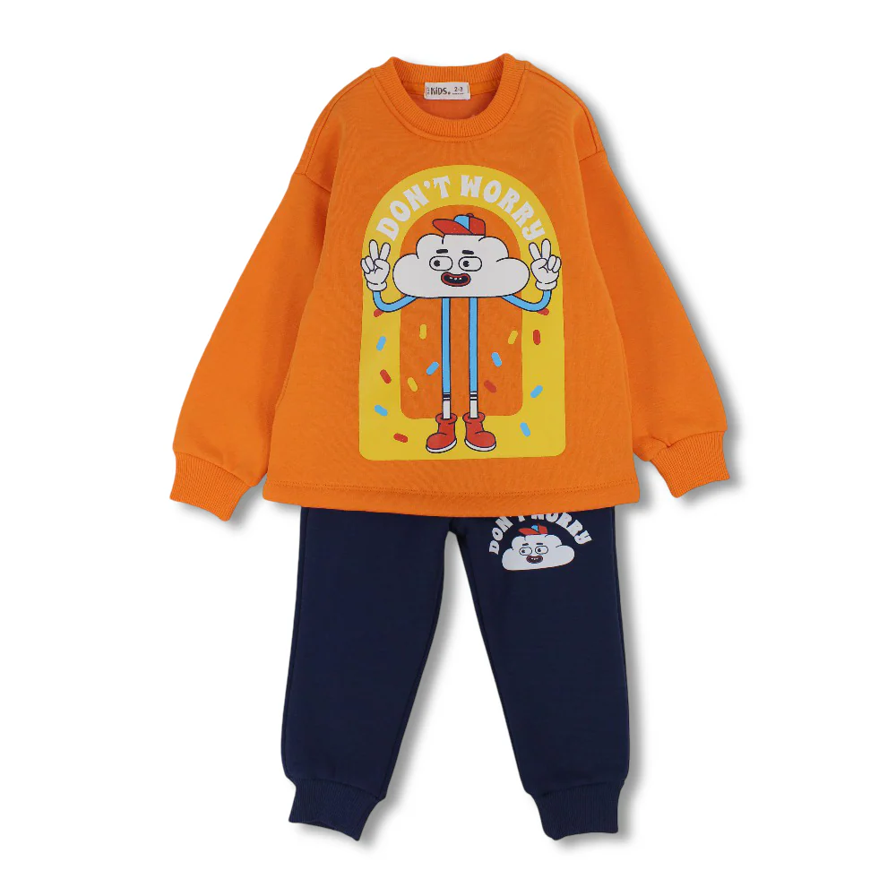 Boys Cotton Pajama Set – Orange/Navy with “Don’t Worry” Print