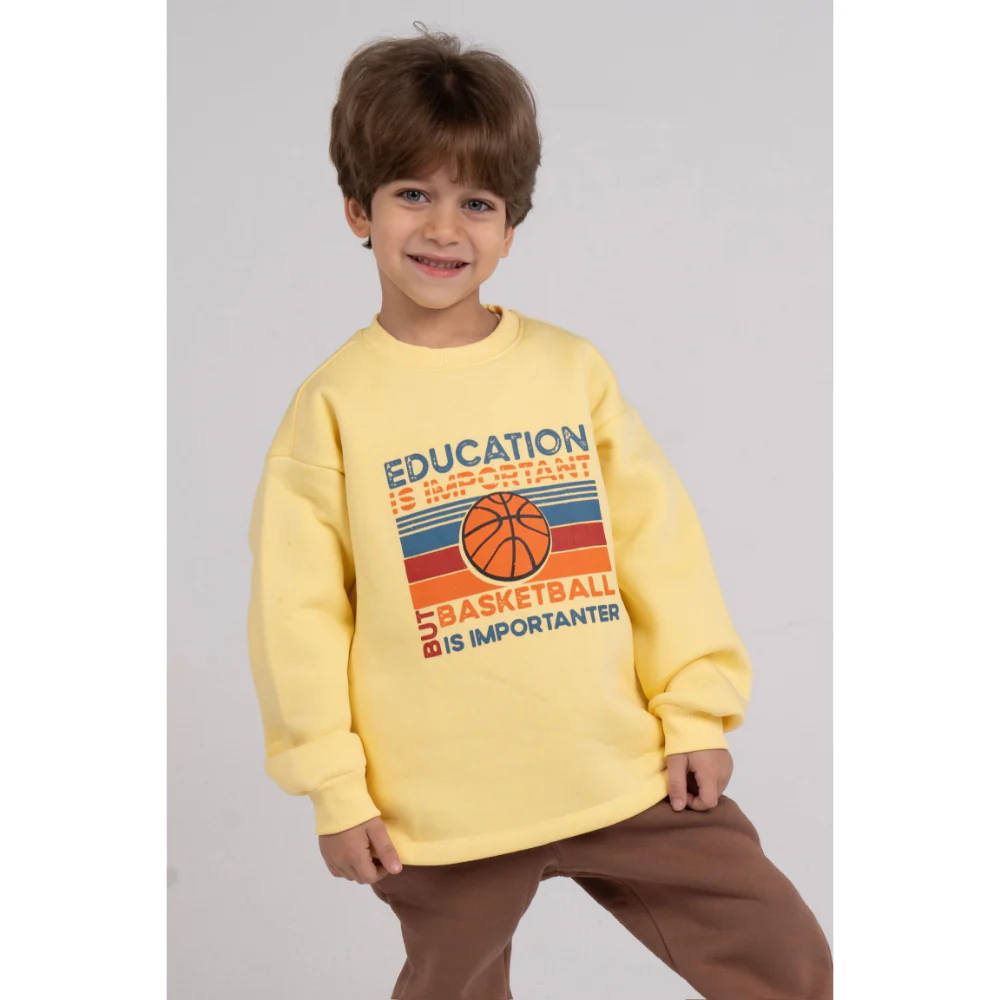 Boys Cotton Pajama Set – Yellow/Brown with "Basketball" Design