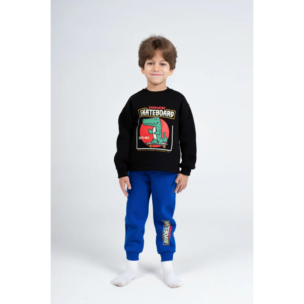 Boys Cotton Pajama Set – Black/Blue with Dino on a Skateboard Print - Image 5