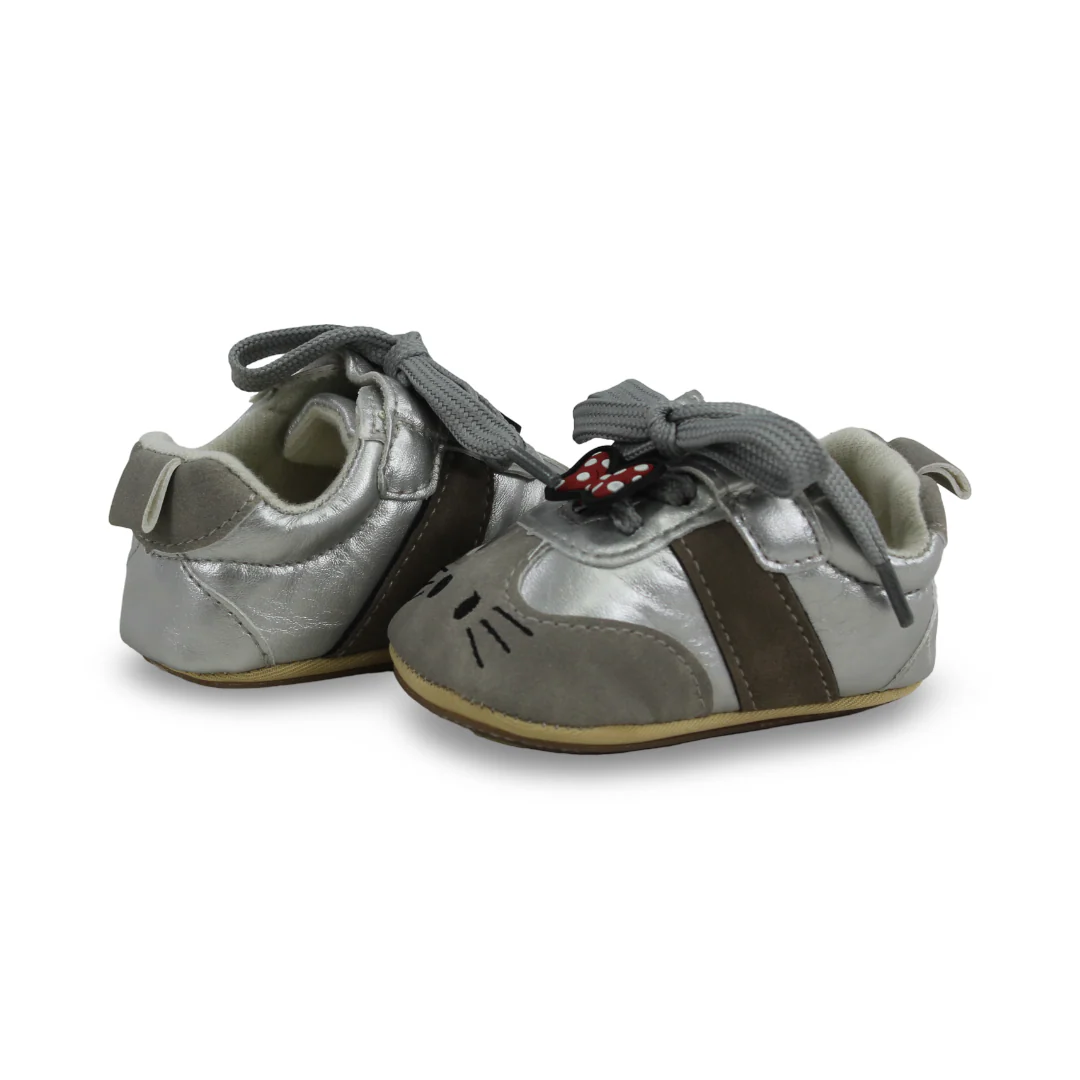 Baby Girls Leather Shoes – Grey with Bow and Mouse Face Design - Image 2