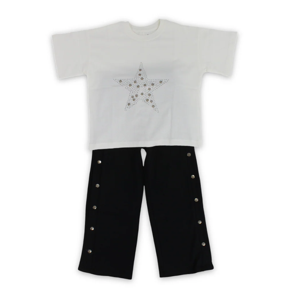 Girls Cotton Outfit Set – Off-White with Star Design