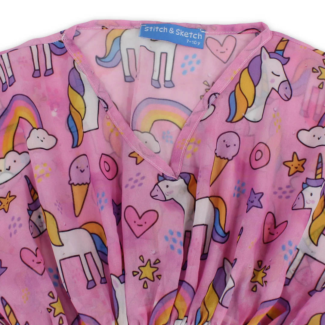 Girls Chiffon Cash Mayo – Pink with Unicorn Print - Image 3