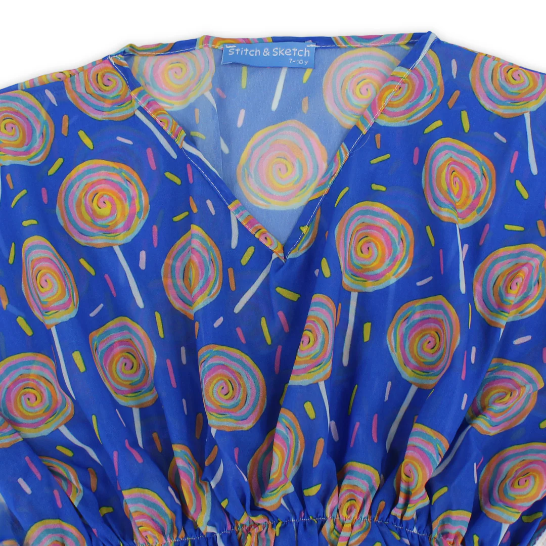 Girls Chiffon Cash Mayo – Blue with Lollipops Print - Image 3