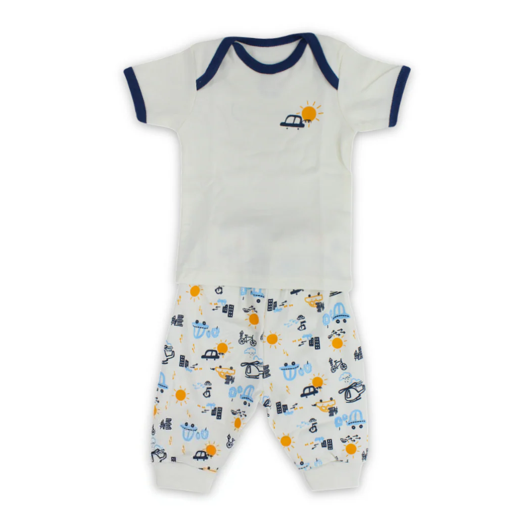 Baby Boys Cotton Pajama – Off-White with Cars & Planes Print
