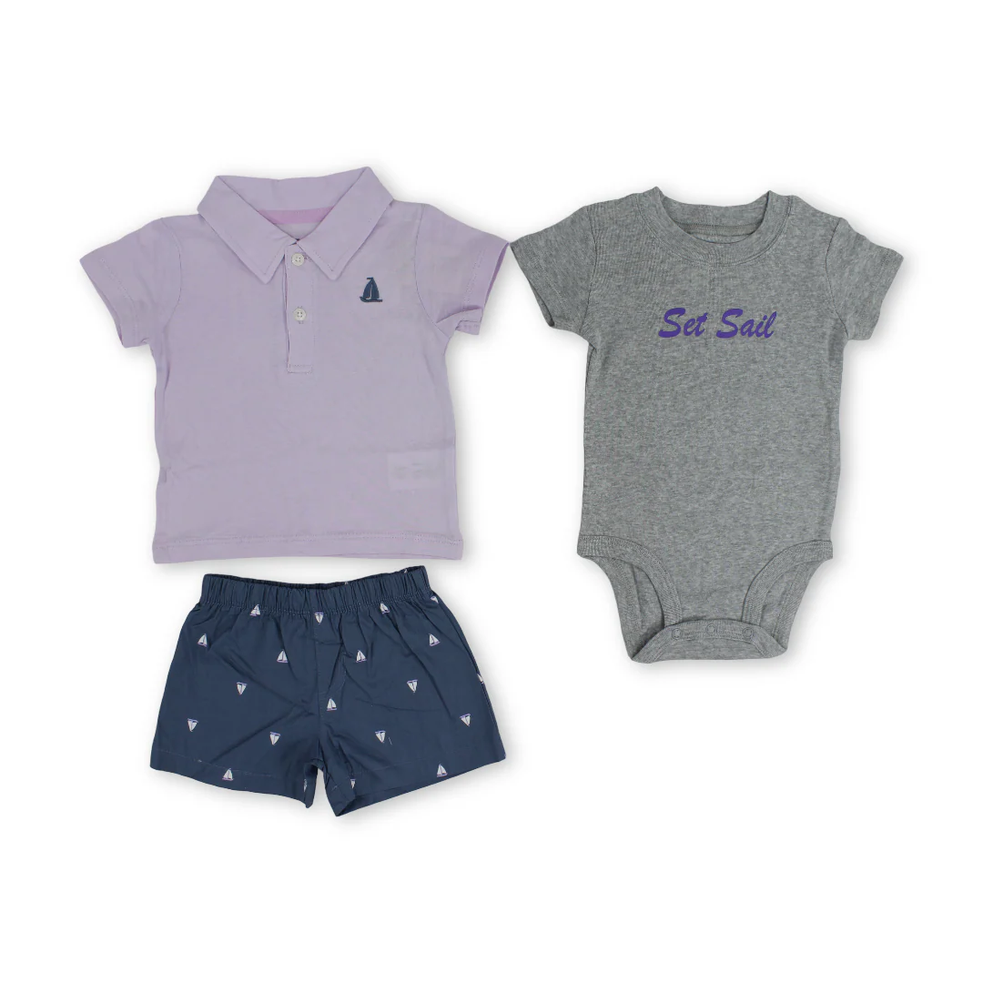 Baby Boys Cotton 3-Piece Outfit Set – Purple with Boat "Set Sail" Embroidery