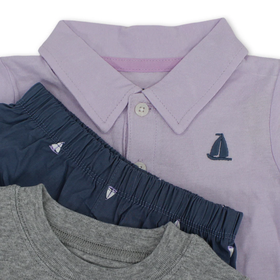 Baby Boys Cotton 3-Piece Outfit Set – Purple with Boat "Set Sail" Embroidery - Image 3