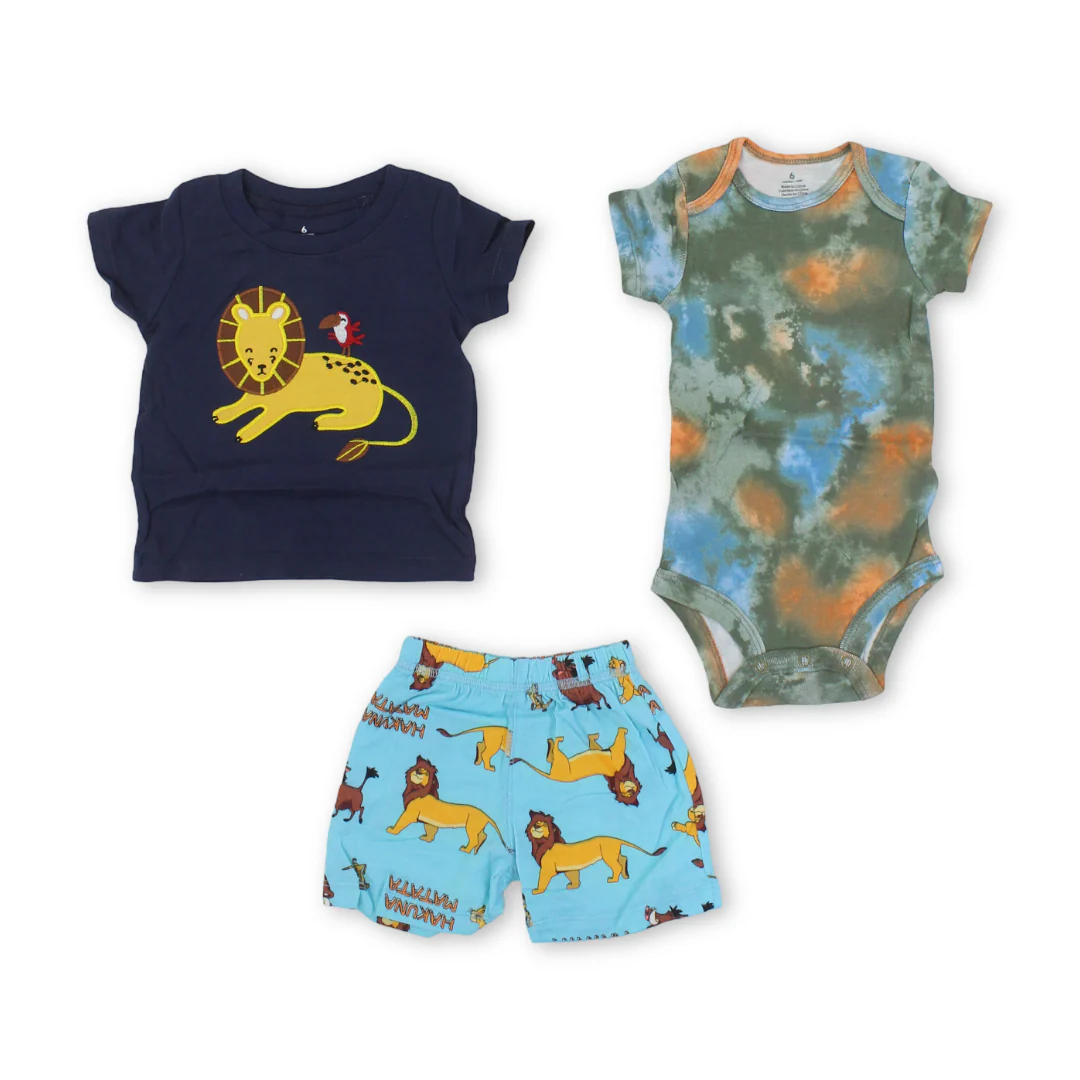 Baby Boys Cotton 3-Piece Outfit Set – Navy with Lion Embroidery