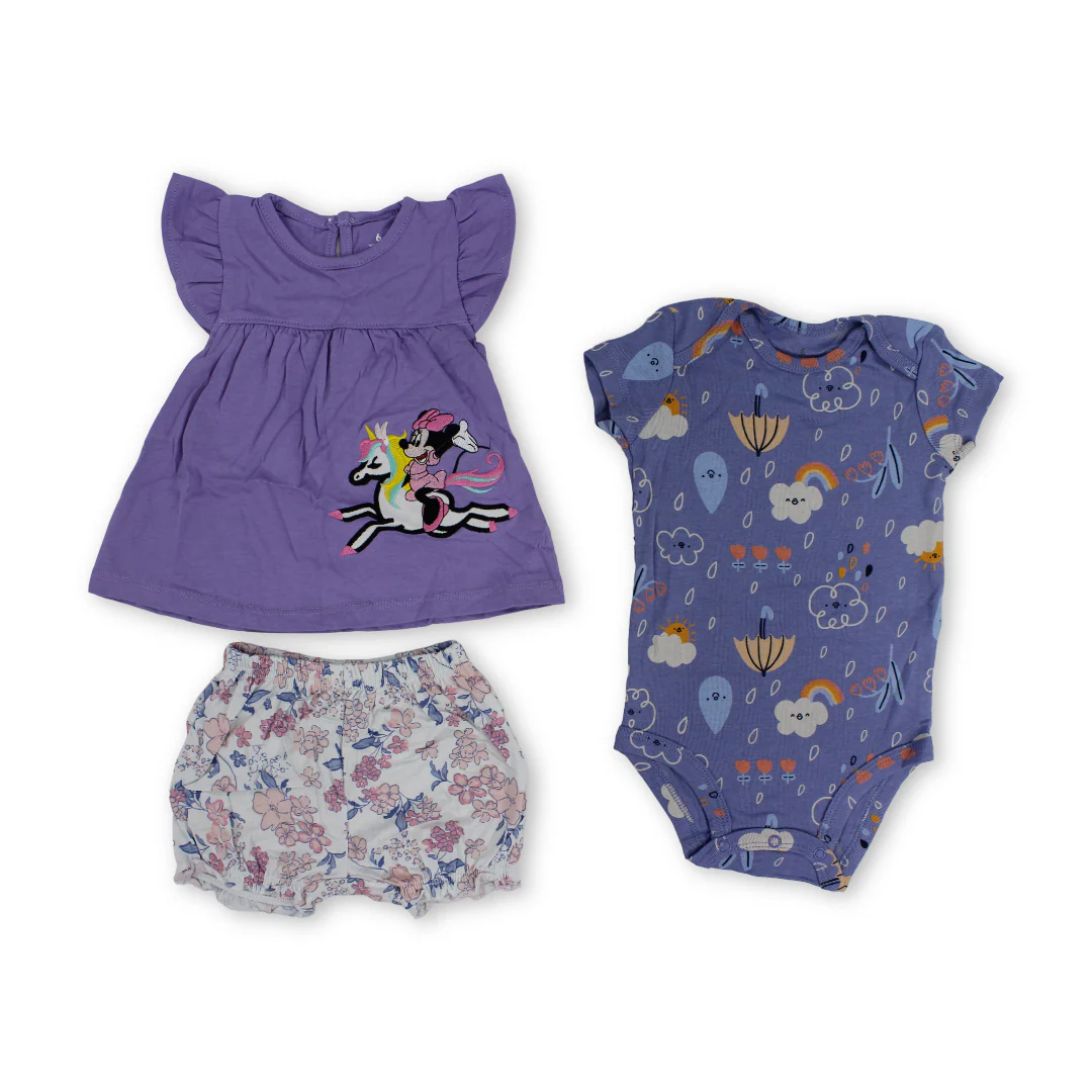 Baby Girls Cotton 3-Piece Outfit Set – Purple with Unicorn & Mini Mouse Embroidery