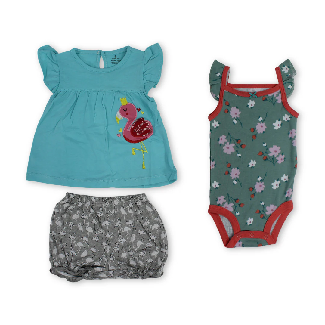Baby Girls Cotton 3-Piece Outfit Set – Aqua with Swan Embroidery