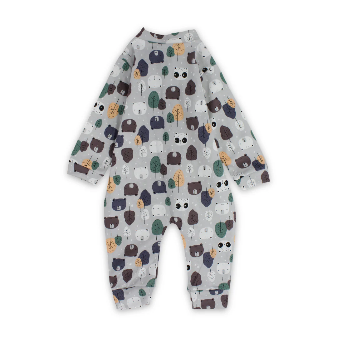 Baby Boys Cotton Baby Footie – Grey with Bears Print - Image 2