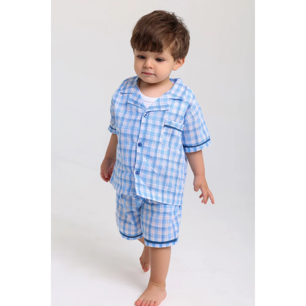 Baby Boys Cotton Pajama Set – Baby Blue Checkered Print - Image 4