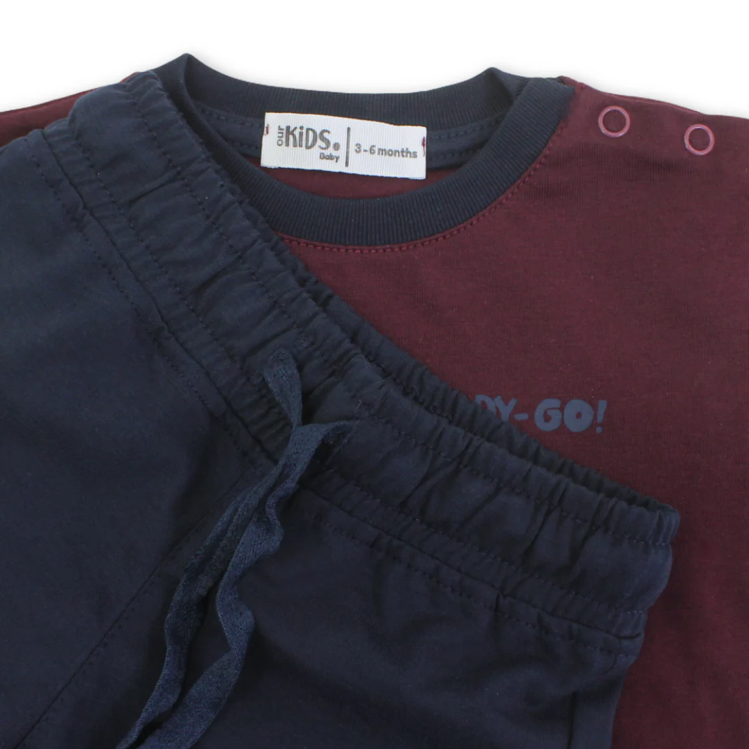 Baby Boys Cotton Pajama – Burgundy with "Let's Go" Print - Image 3