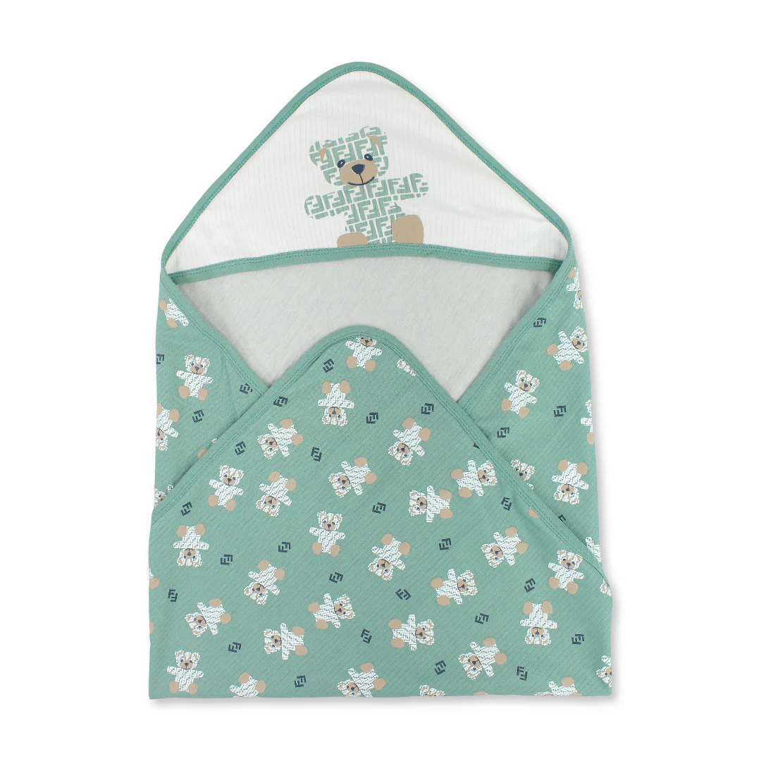 Cotton Baby Blanket – Mint with Teddy Bear Print