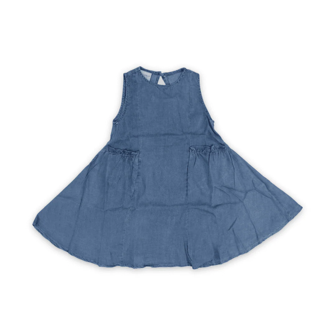 Girls Cotton Denim Sleeveless Dress – Blue