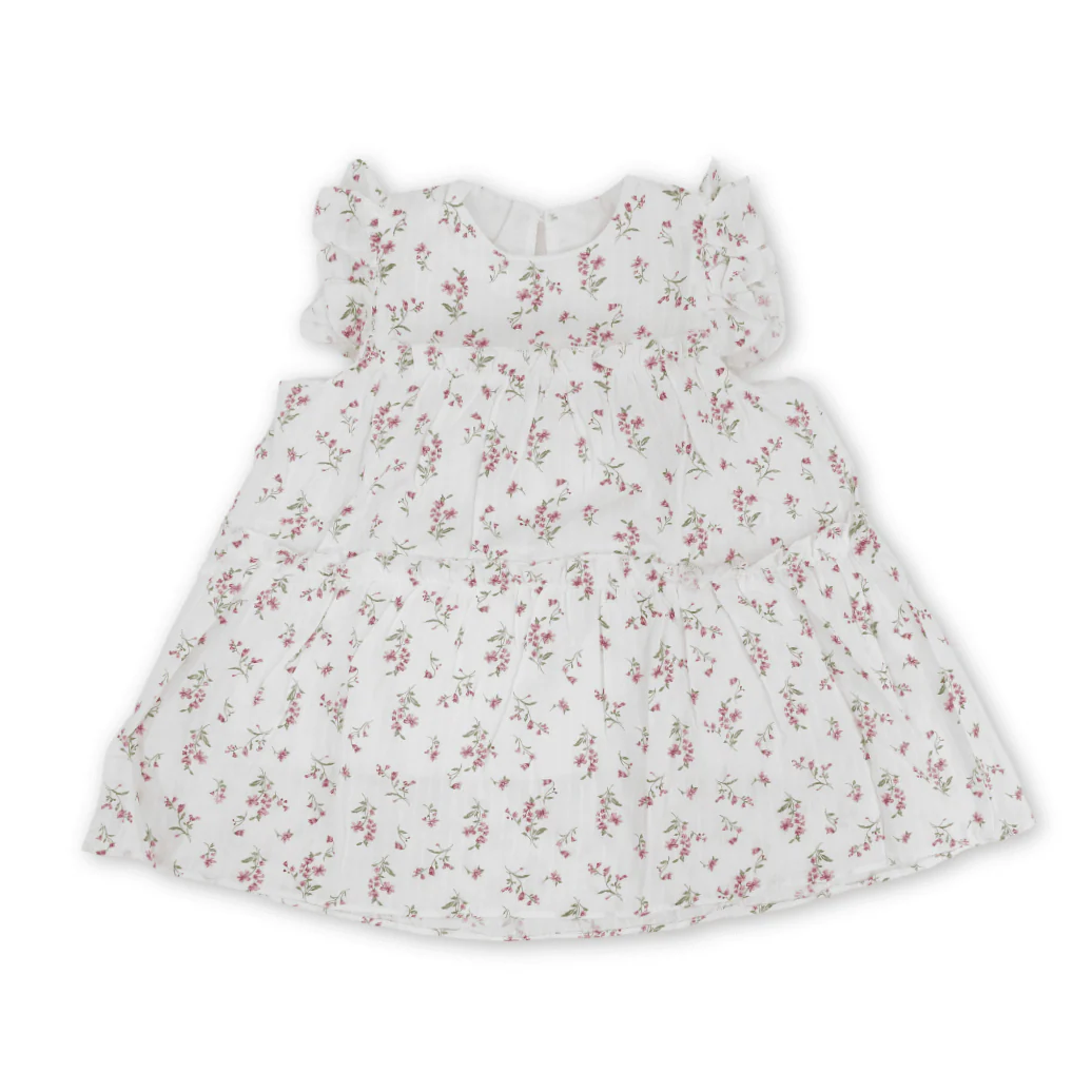Baby Girls Cotton Dress – Off-White with Flowers Print
