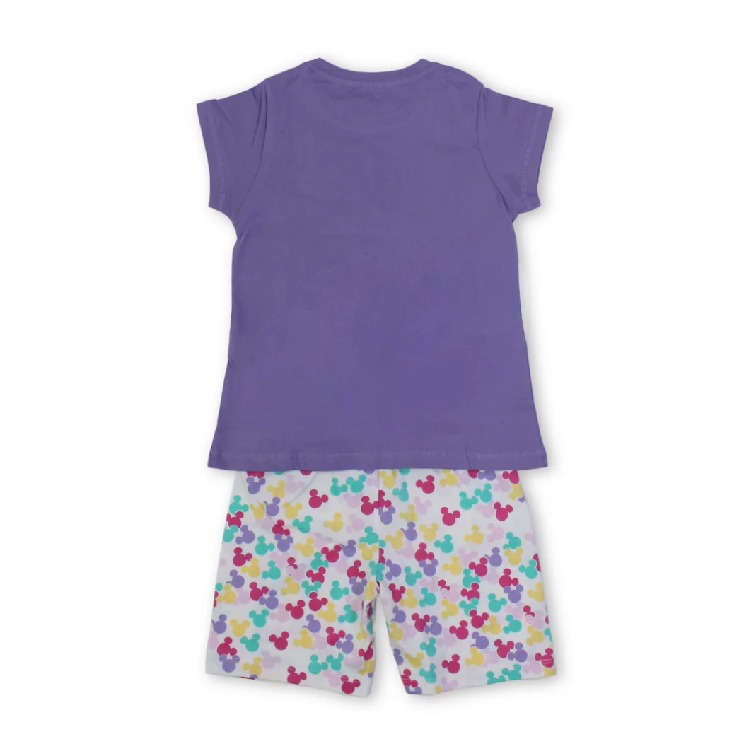Girls Cotton Pajama – Purple with Mickey & Minnie Mouse Print - Image 2