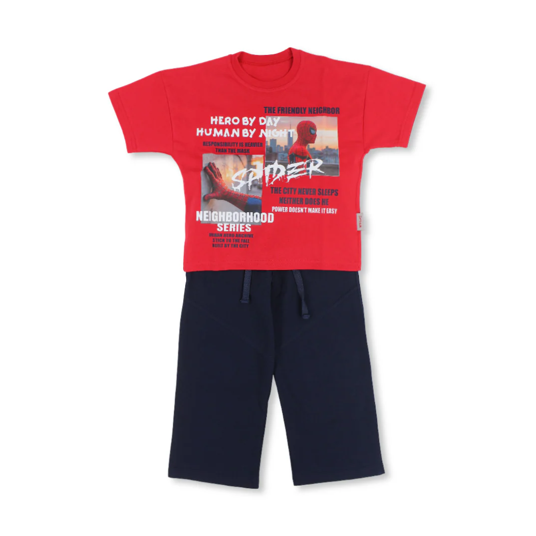 Boys Cotton Pajama – Red with Spider-Man Print