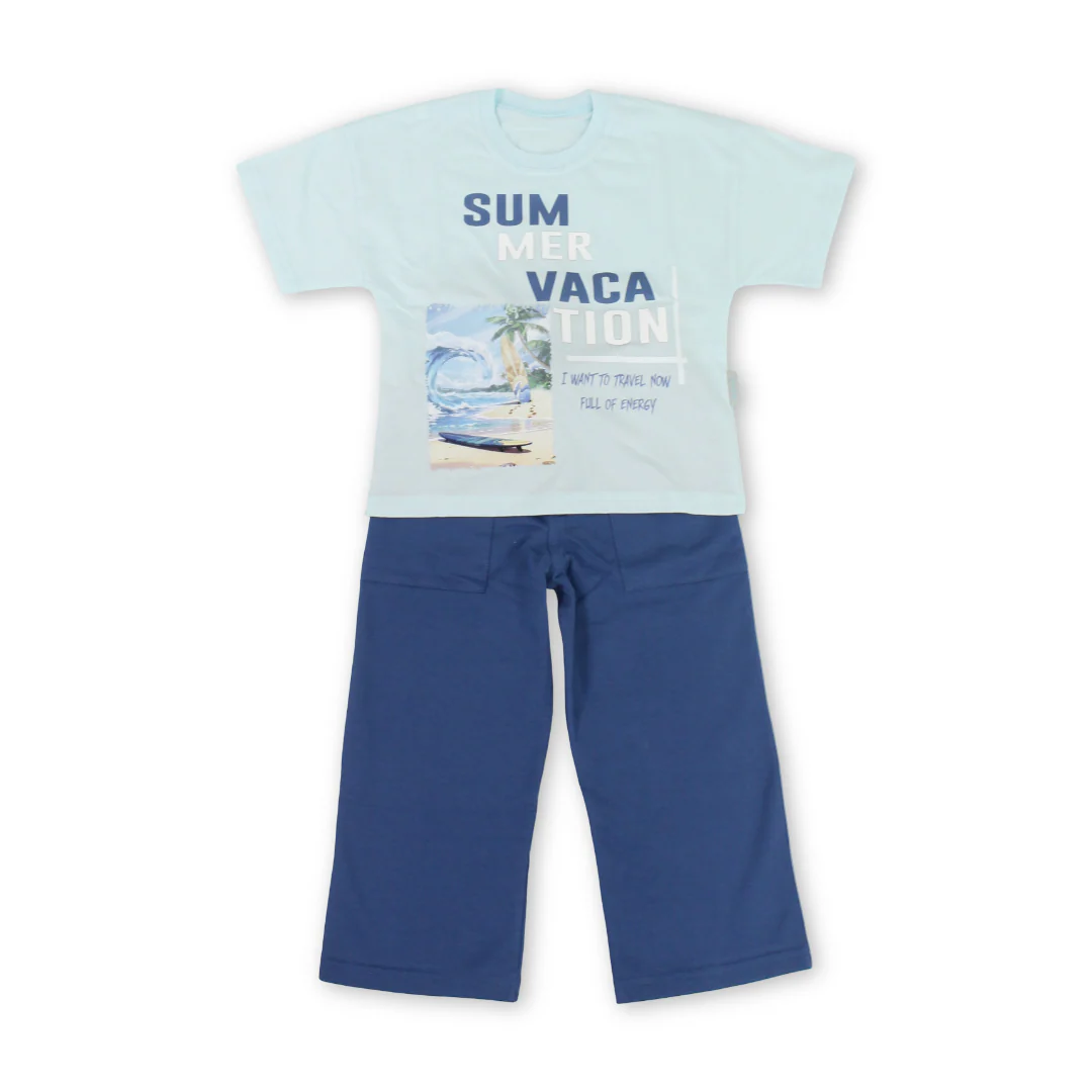 Boys Cotton Pajama – Aqua with "Sum Mer Vaca Tion" Print