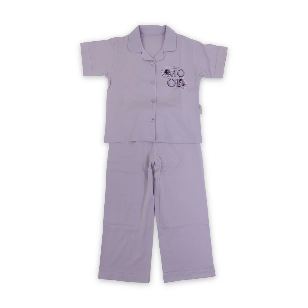 Girls Cotton Pajama – Purple with "Flower Mood" Embroidery
