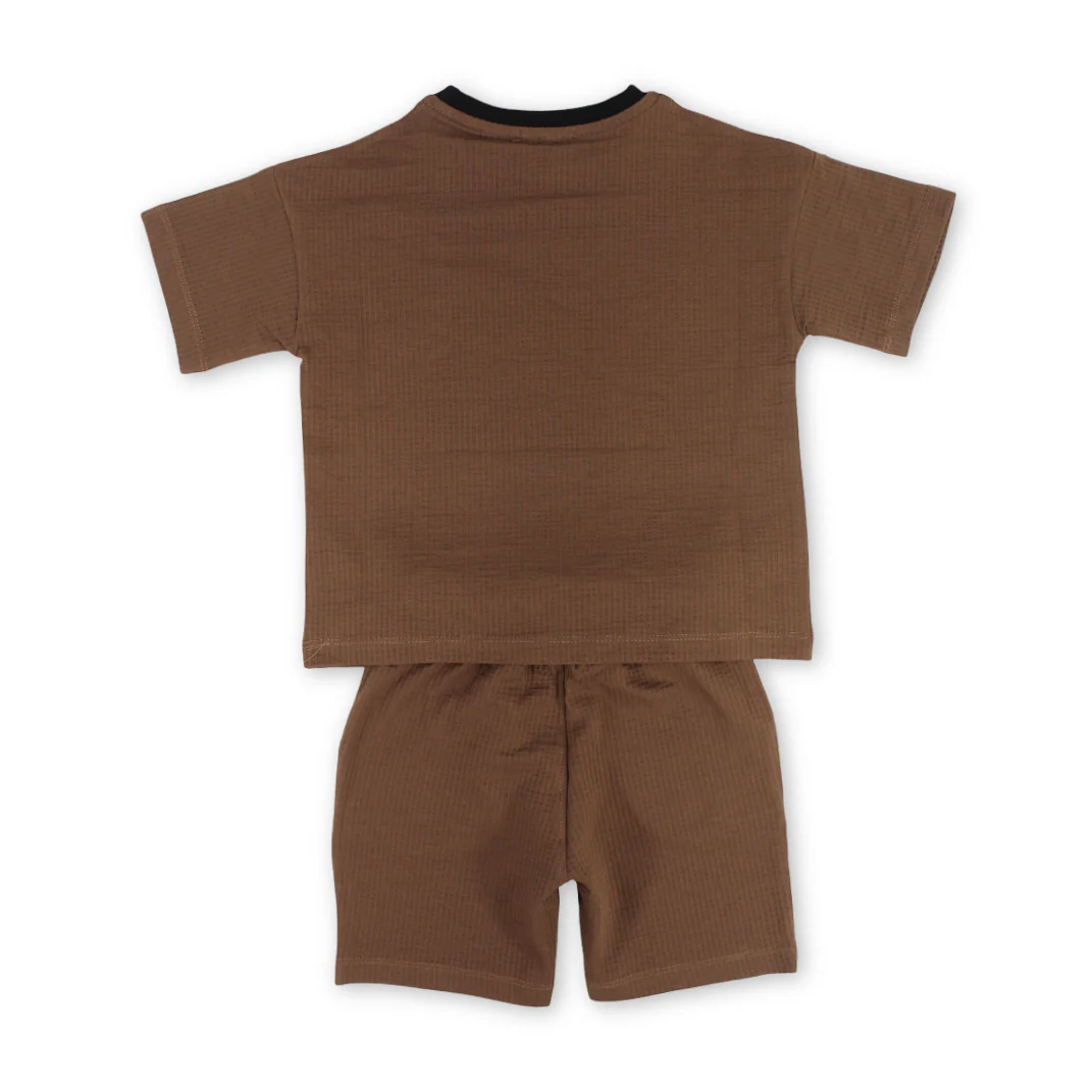 Boys Cotton Short-Sleeve Pajama Set – Brown with Rocket Print - Image 2