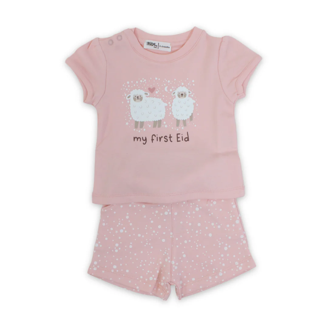 Baby Girls Cotton Pajama – Salmon with "My First Eid" Print