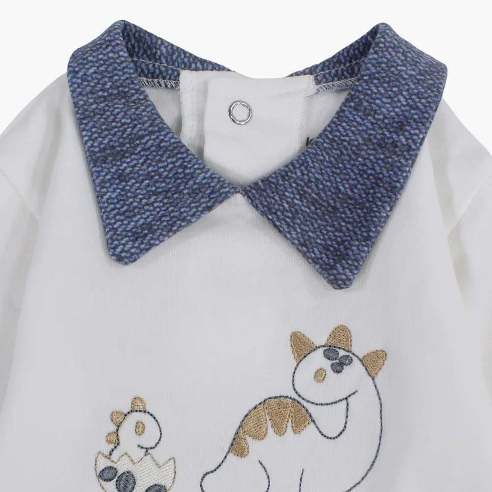 Cotton Footless Onesie – Off-White with Baby Dino Design - Image 3