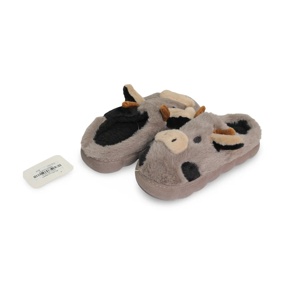 Girls Fur Slippers – with Cow Design - Image 2