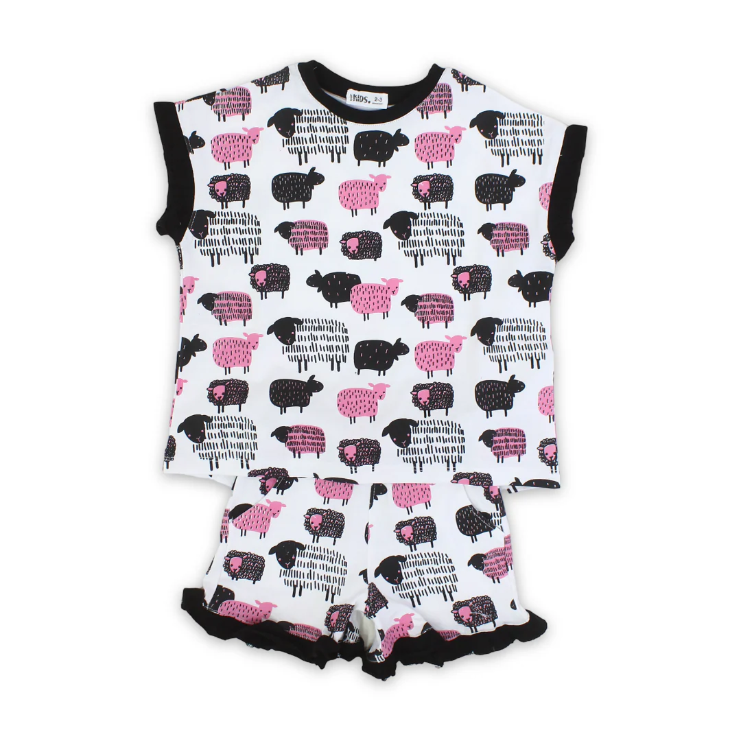 Girls Cotton Pajama Set – White with Sheep Print