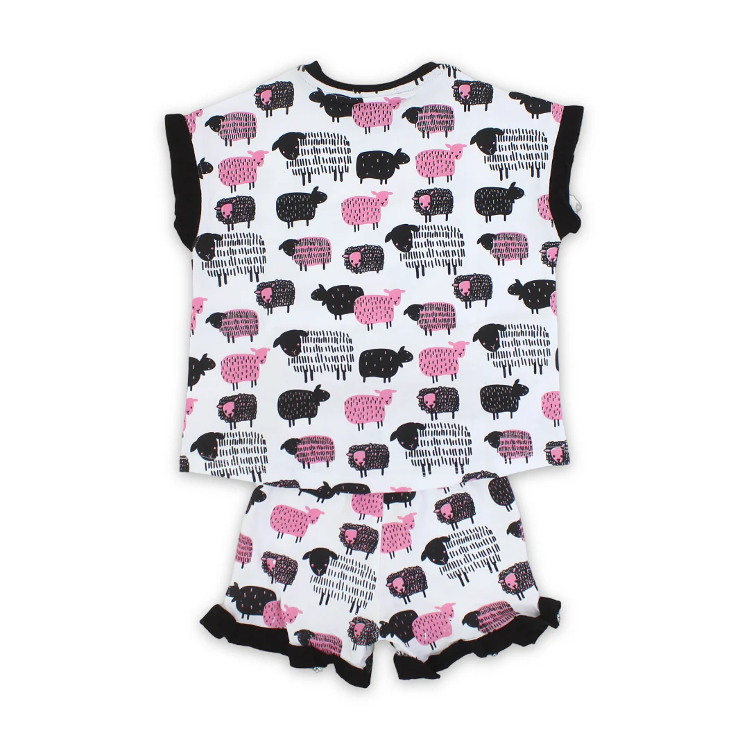 Girls Cotton Pajama Set – White with Sheep Print - Image 2