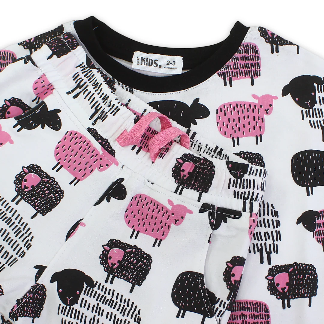 Girls Cotton Pajama Set – White with Sheep Print - Image 3