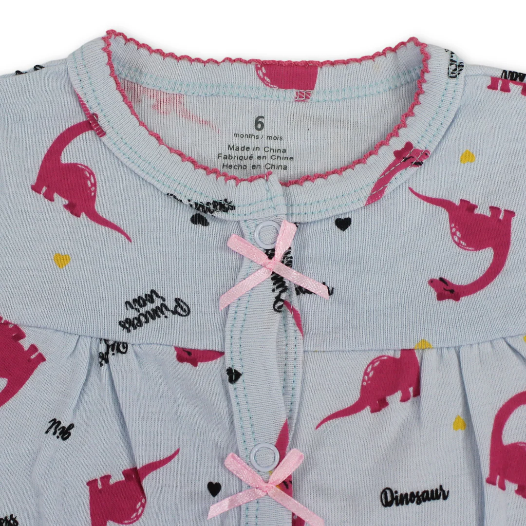 Baby Girls Cotton Romper – Baby Blue with Dinosaur Embroidery - Image 3