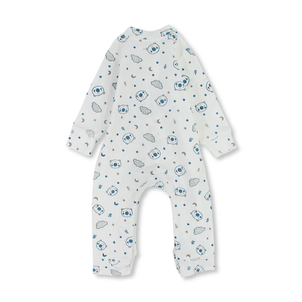 Baby Boys Cotton Footless Onesie – Off-White with Teddy Bear Print - Image 2