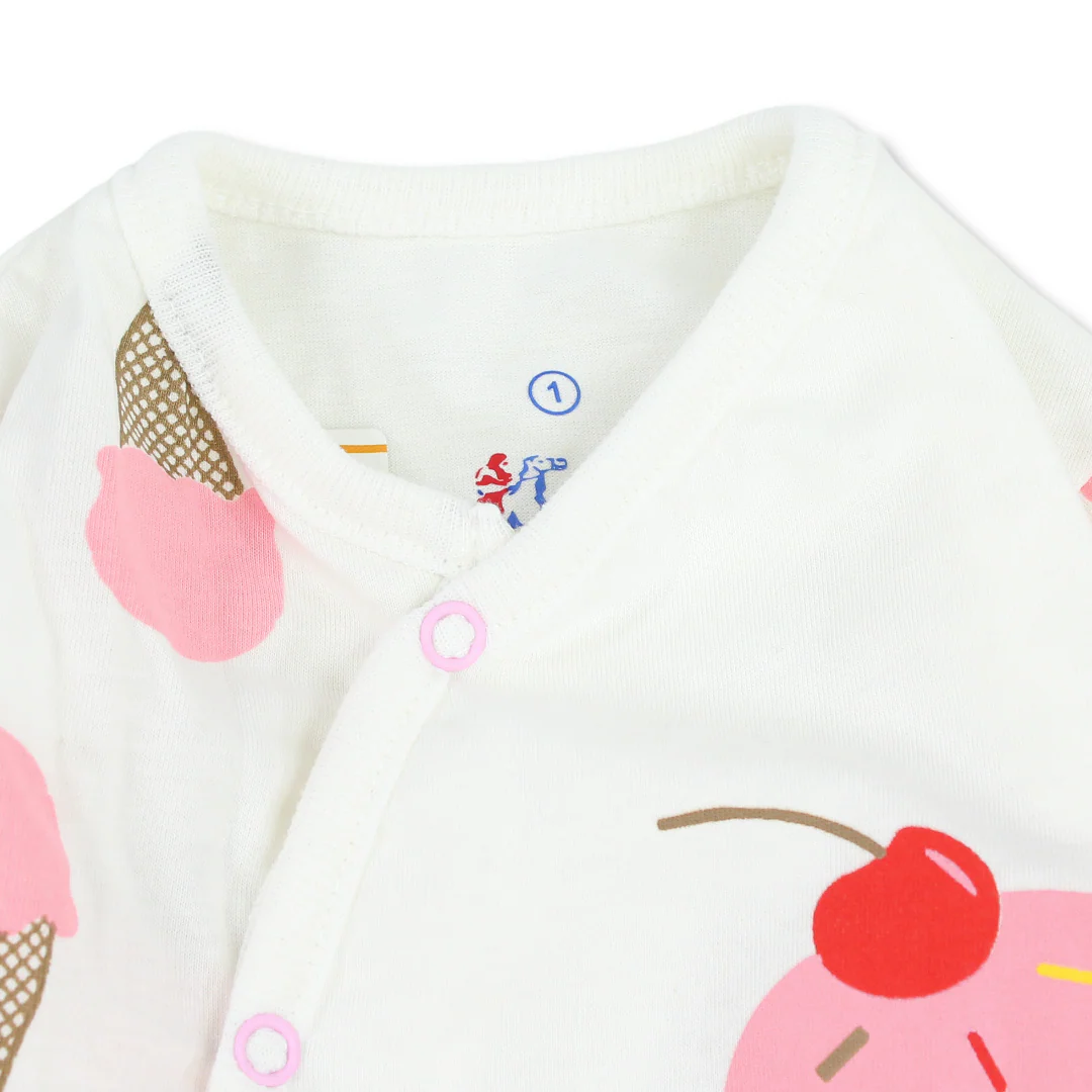 Baby Girls Cotton Baby Footie – Off-White with Ice Cream Print - Image 3