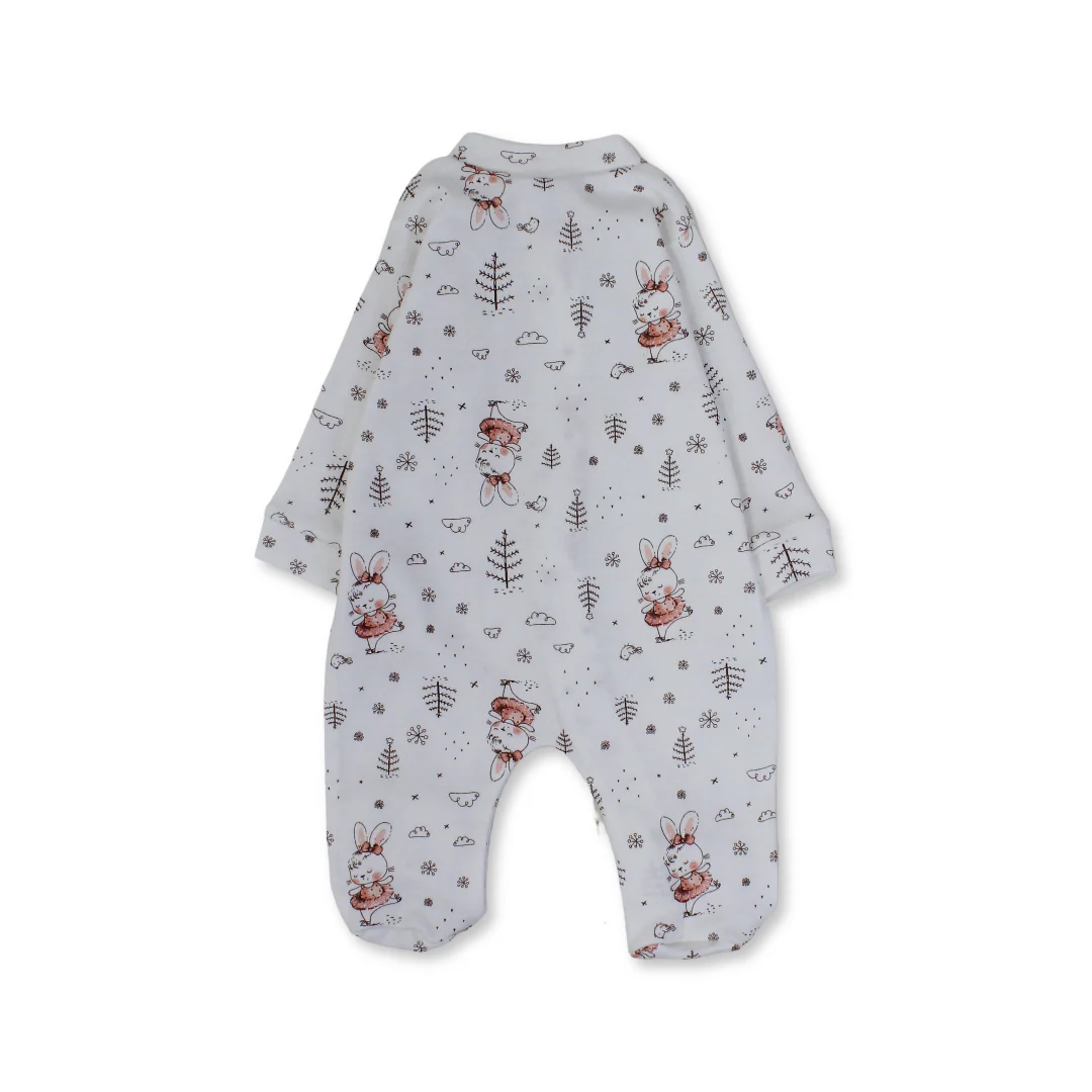 Baby Girls Cotton Baby Footie Onesie – Off-White with Rabbit and Tree Print - Image 2