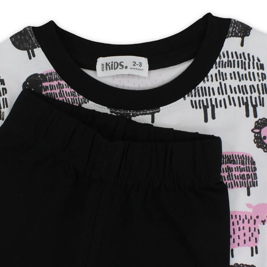 Girls Cotton Pajama Set – White with Sheep Print - Image 3